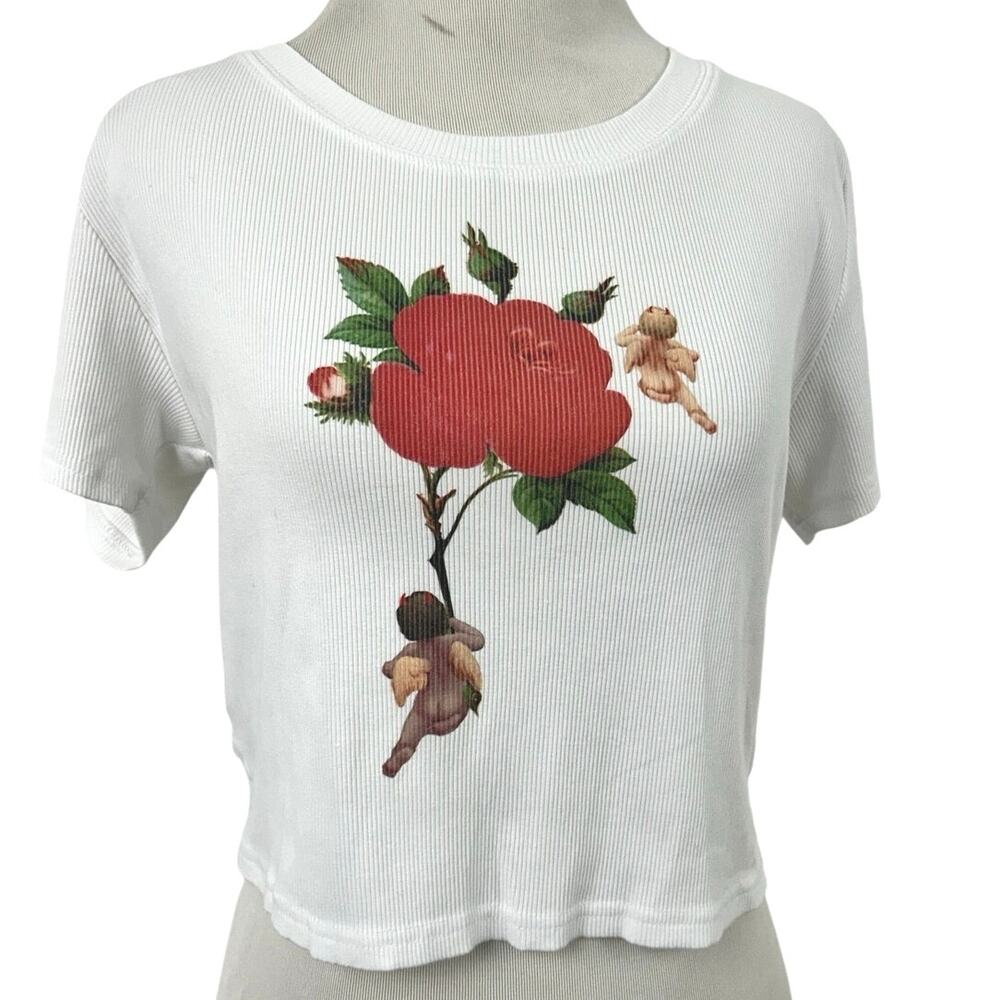 Boys Lie White Ribbed Crop Top Cherub Rose Graphic Baby Tee Womens M Y2K